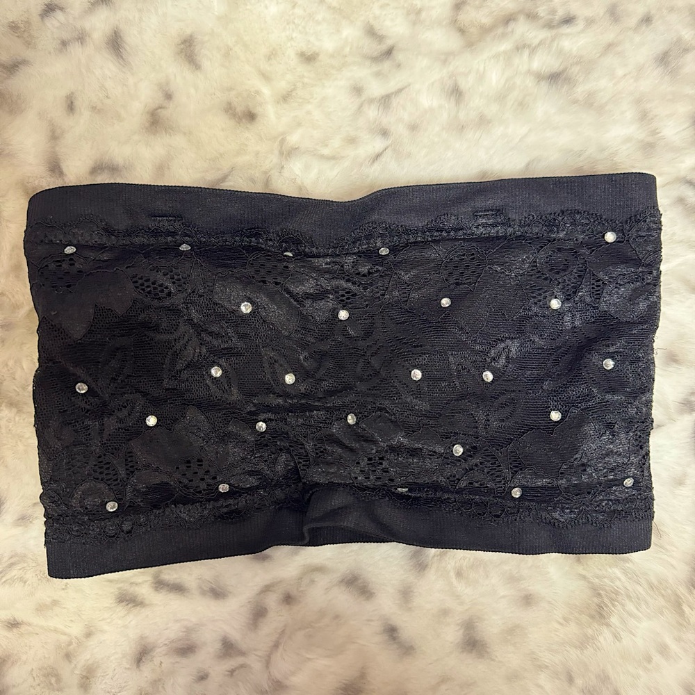 Bandeau tube top rhinestone crystal diamond bling black silver lace stretchy y2k